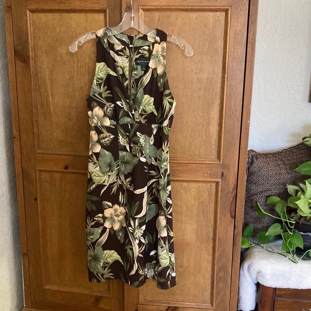 Connected Apparel Floral Sleeveless Dress Size 6 Keyhole Back Brown Green Cream